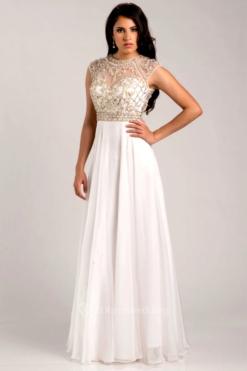 Chiffon A-Line Cap Sleeve Prom Dress With Metallic Bodice