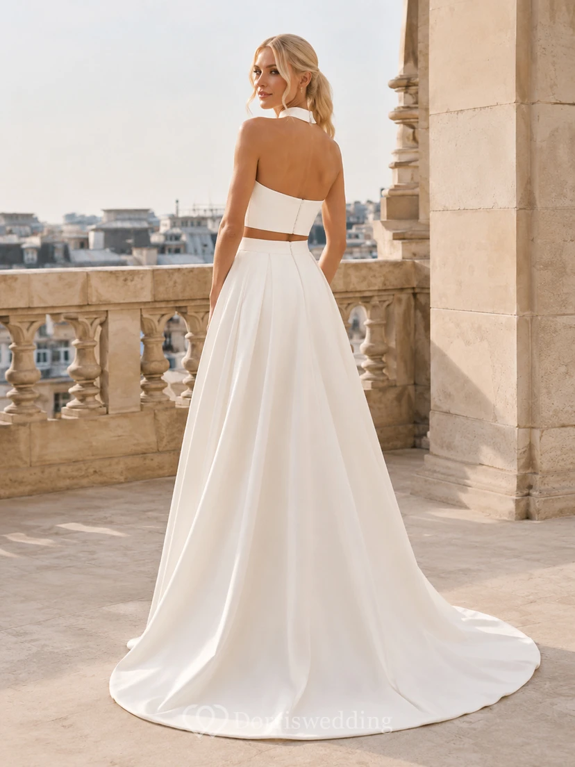 Minimal Bridal Two Piece Halter Bow Neck Backless Satin Court Train Wedding Outfit view 2