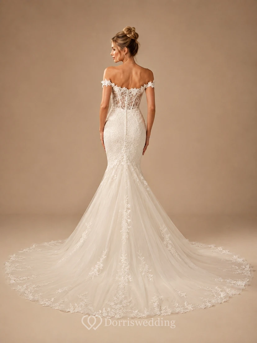 Brautkleid aus Spitze, Tüll, schulterfrei, kurzärmelig, Meerjungfrauenschnitt, bodenlang, Kapellenschleppe, Applikationen view 2