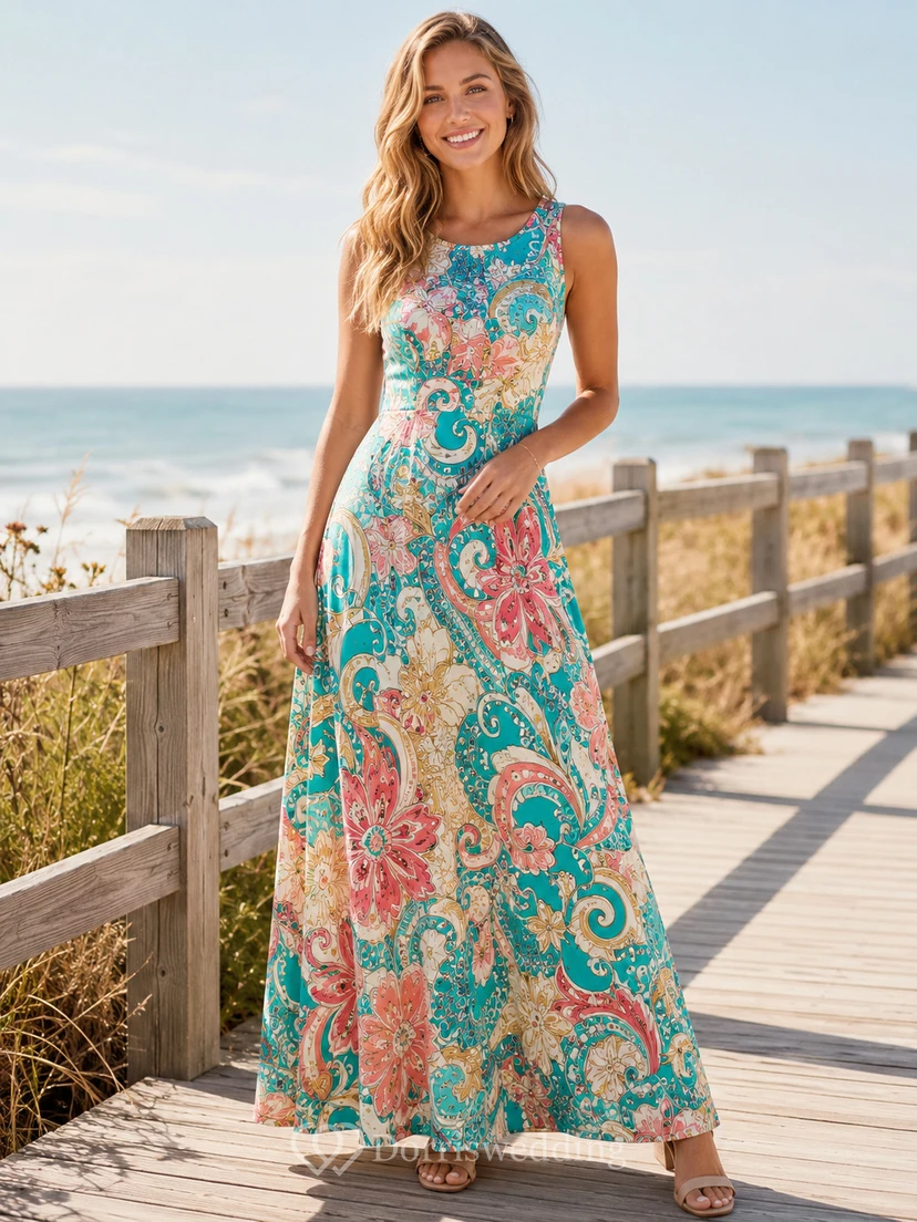 Vestido largo sin mangas de batik con estampado paisley turquesa para resort de playa