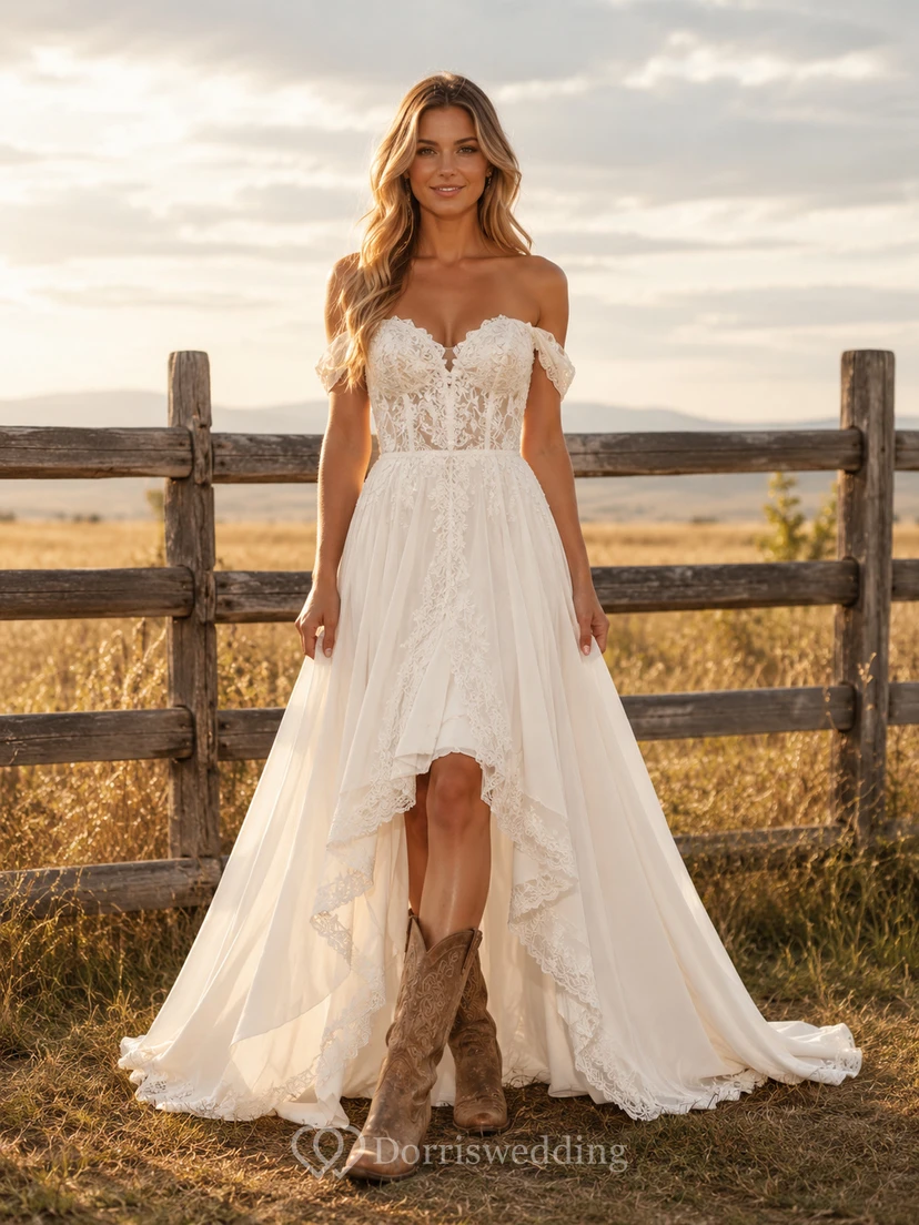 Robe de mariée de maternité, col en V, manches papillon en dentelle, style champêtre avec traîne