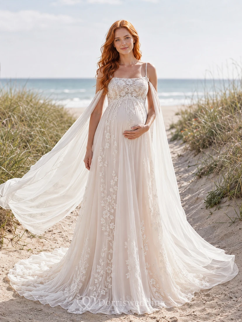 Robe de mariée de maternité en tulle dentelle à col carré, bretelles et longue traîne
