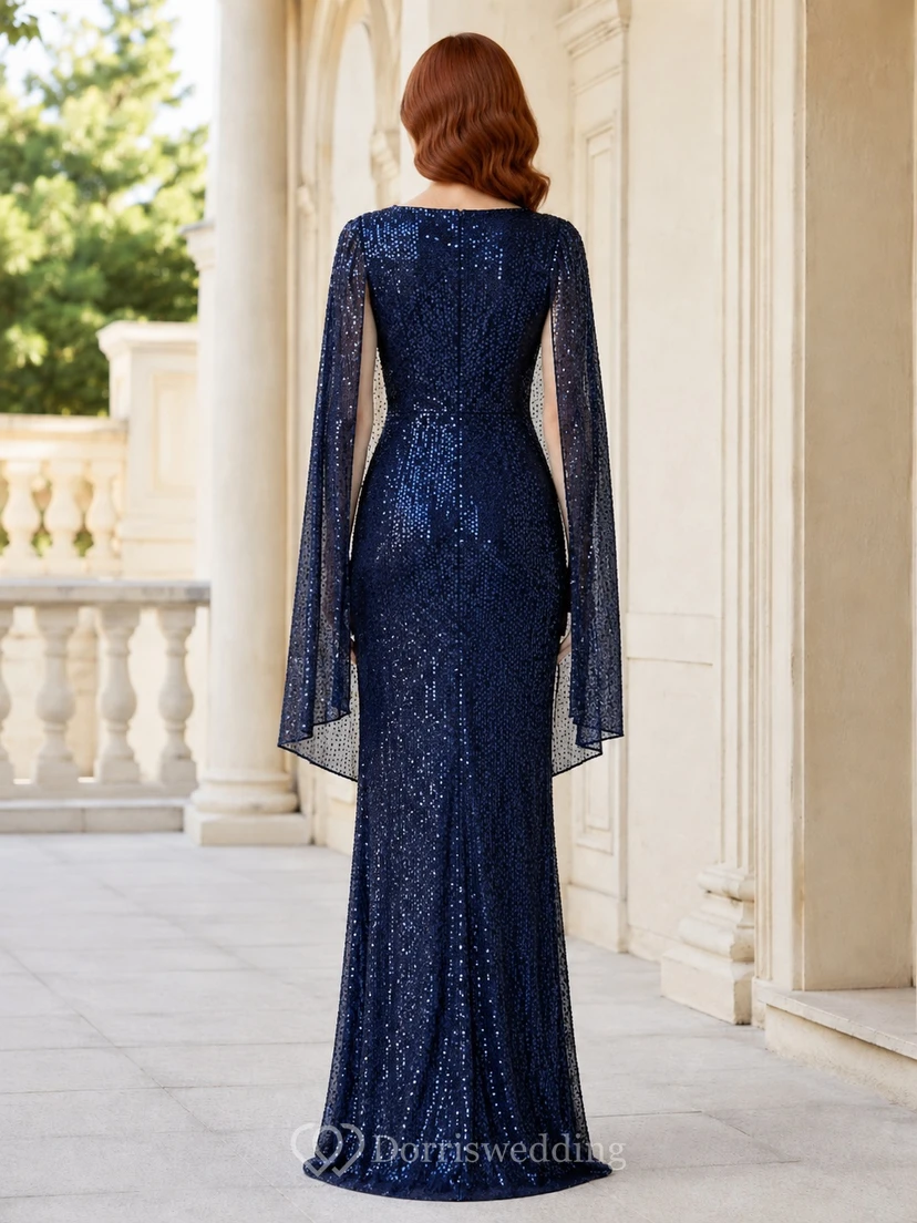 Navy Sequined V-Neck Draped Cape Sheath Floor-Length Formal Evening Gown view 2