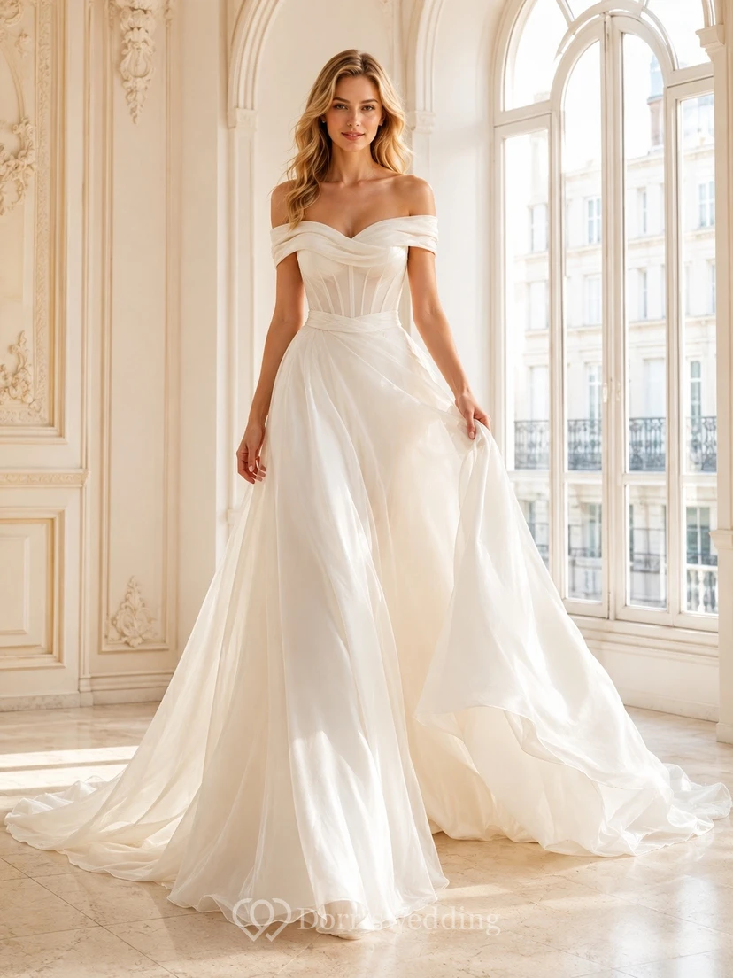 Sheath Draped Sweep Train Bridal Ceremony Wedding Dress Formal