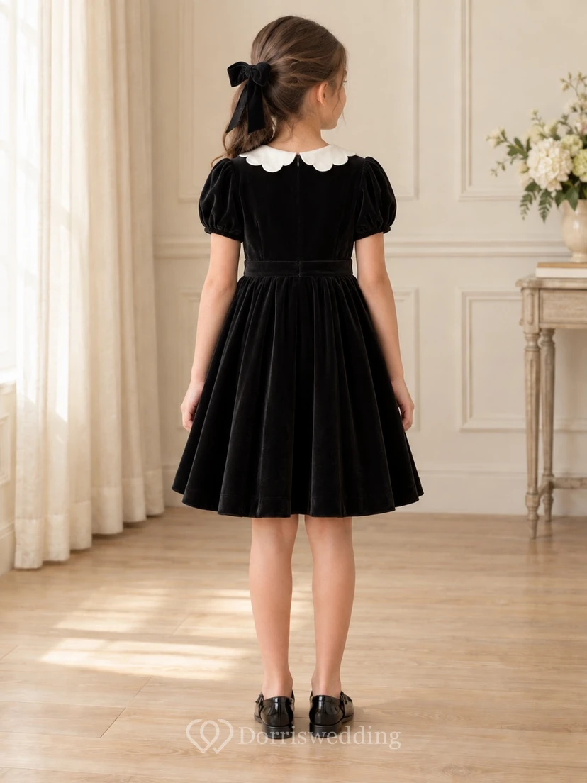 Black Vintage Ivory Scalloped Collar Puff Sleeve Velvet Flower Girl Dress view 2