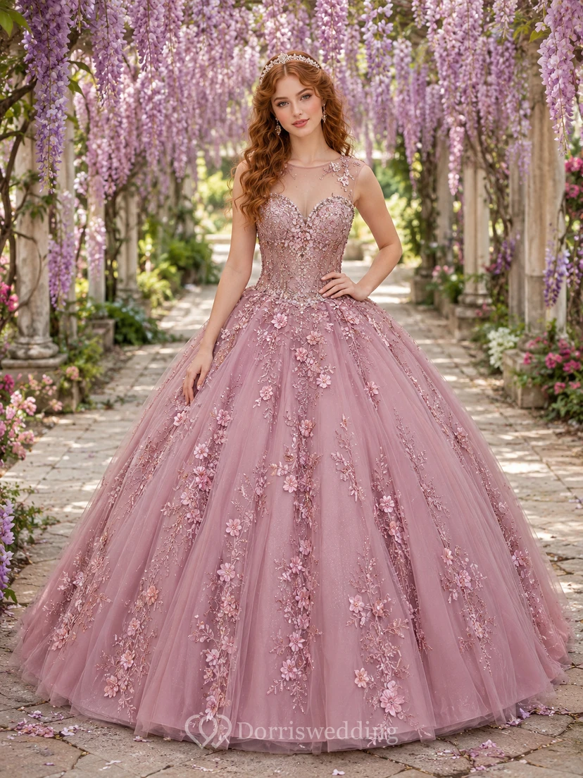 Mauve Pink Floral Applique Tulle Quinceanera Ball Gown