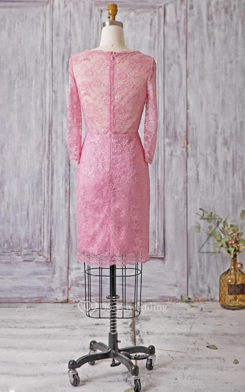 V Neck Illusion 3-4 Sleeve Sheath Lace Knee Length Dress Illusion Style view 4
