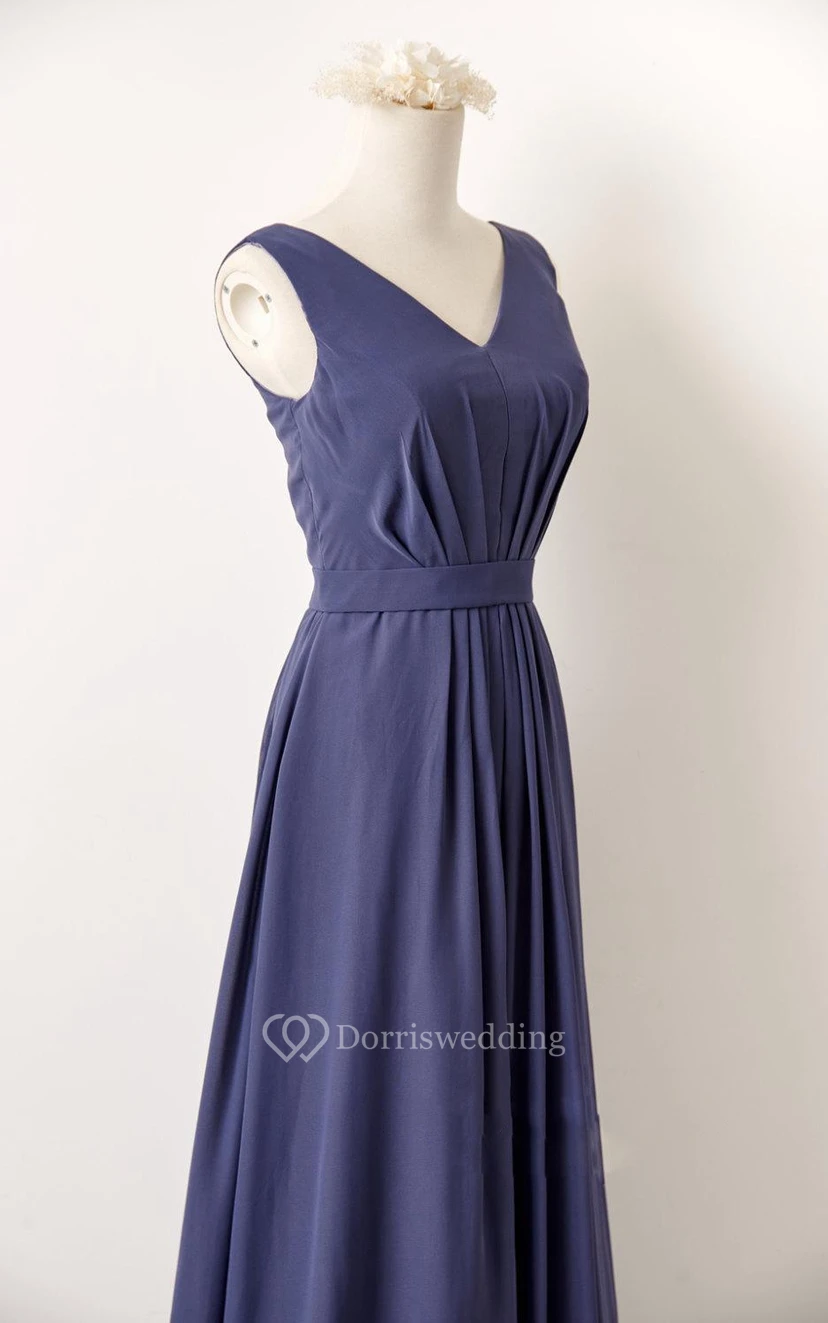 A-Line V-Neck Chiffon Dress With Pleats view 3