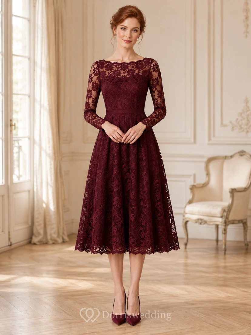 Burgundy Long Sleeve Lace A Line Vintage Formal Midi Dress