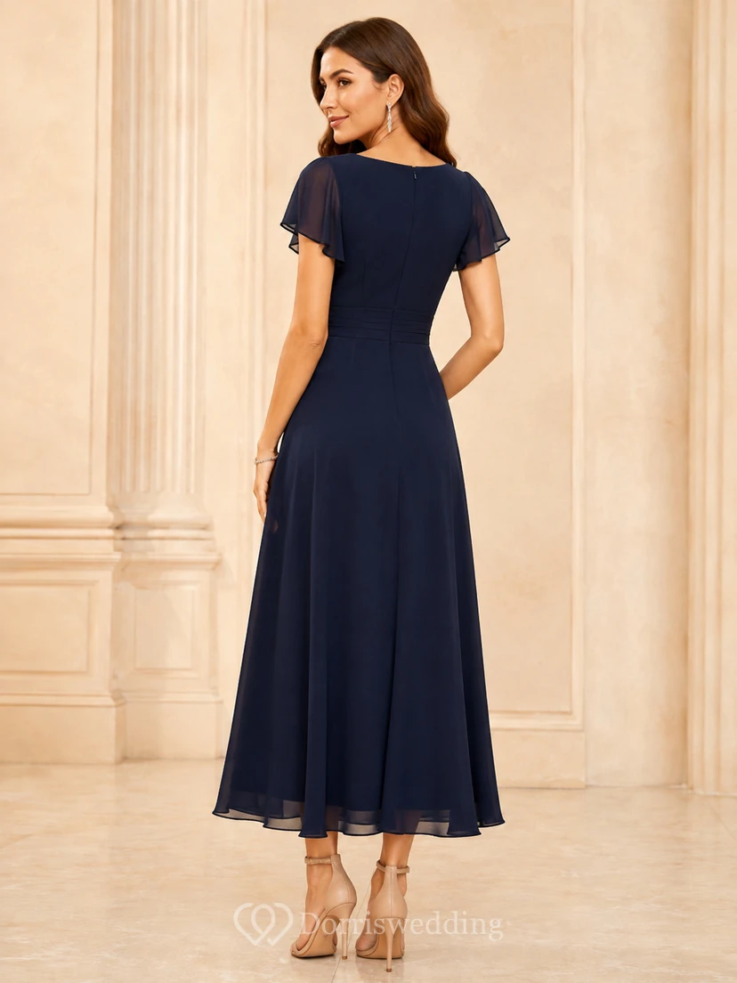 Vestido de noche formal largo hasta los tobillos, de gasa plisada, con escote en V, mangas tipo pétalo y cuello en V, color azul marino oscuro. view 2