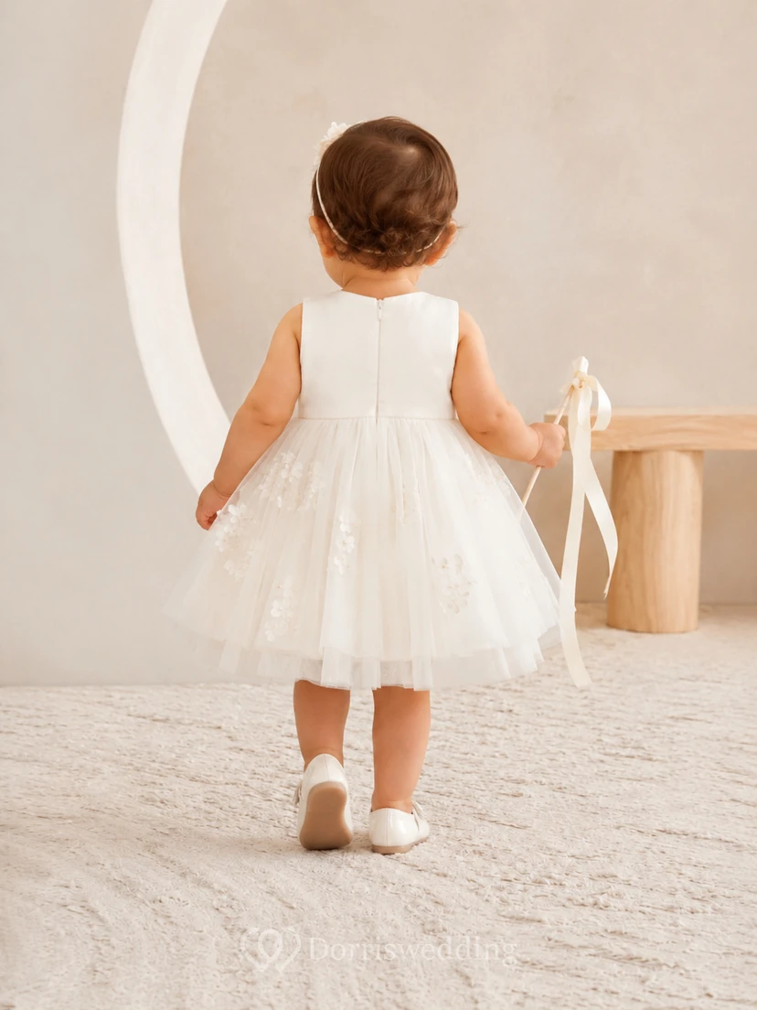 Modern Baby Baptism Christening Ceremony Dress A-Line Knee-Length Square Neck Sleeveless Tulle Button Back view 2