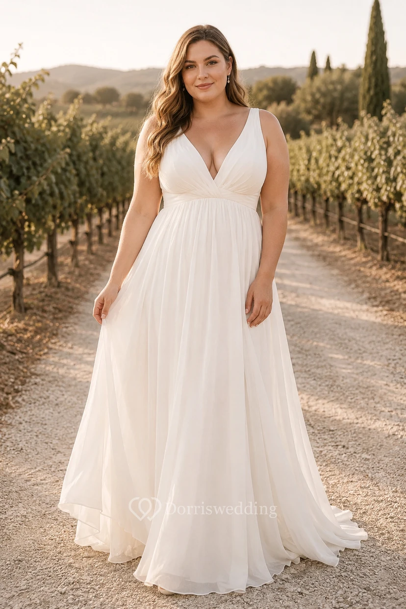 Übergröße Elfenbein Ärmelloses Chiffon-Hochzeitskleid in A-Linie mit V-Ausschnitt, ärmellos