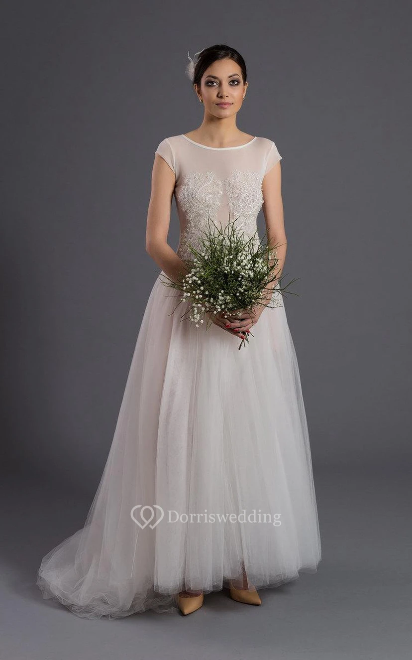 Cap Sleeve A-Line Tulle Gown With Illusion Back and Scoop Neckline view 2