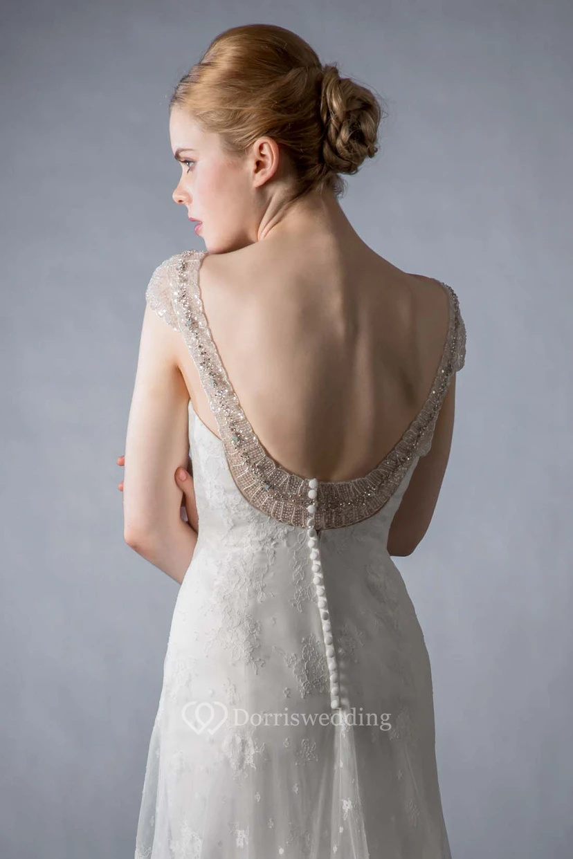 A-Line Scoop-Neck Cap-Sleeve Beaded Floor-Length Lace Wedding Dress With Appliques And Deep-V Back view 3