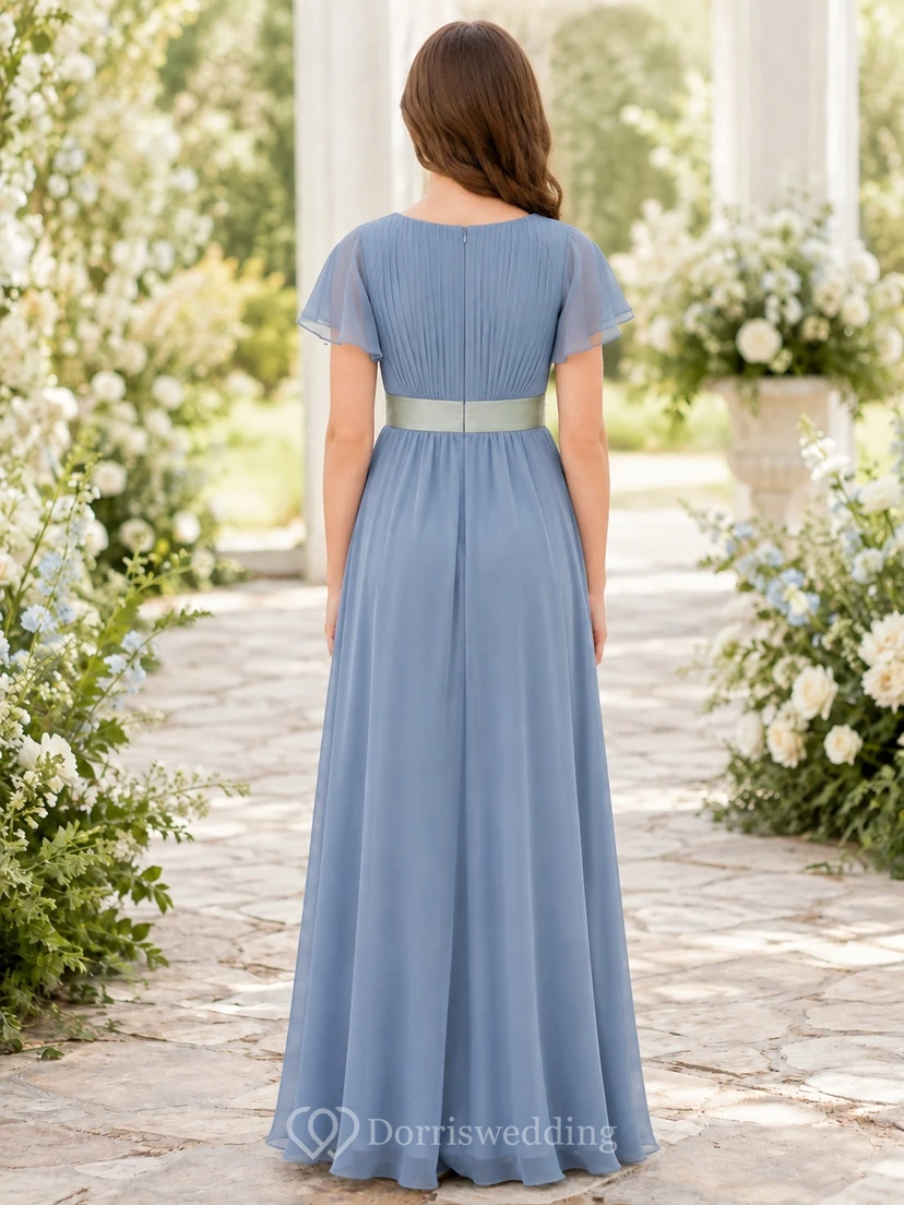 Schieferblaues Brautjungfernkleid in A-Linie mit Schmucksteinen, kurzen Ärmeln, elegant view 2