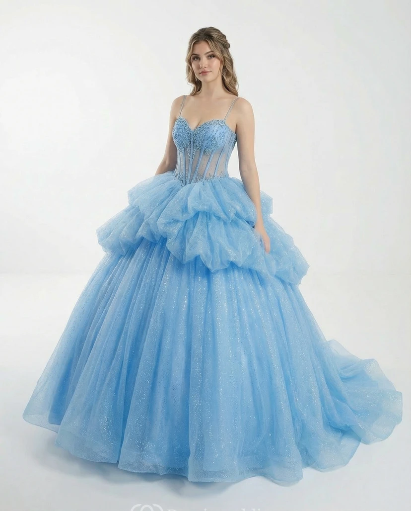 Sky Blue Quinceanera Spaghetti Strap Ball Gown Prom Dress with Ruffle Tulle Skirt