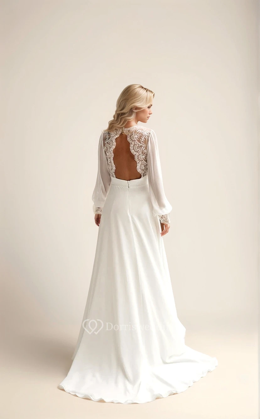 Ätherisches, bohemisches Chiffon-Hochzeitskleid mit Spitzendetails und Bischofsärmeln view 4