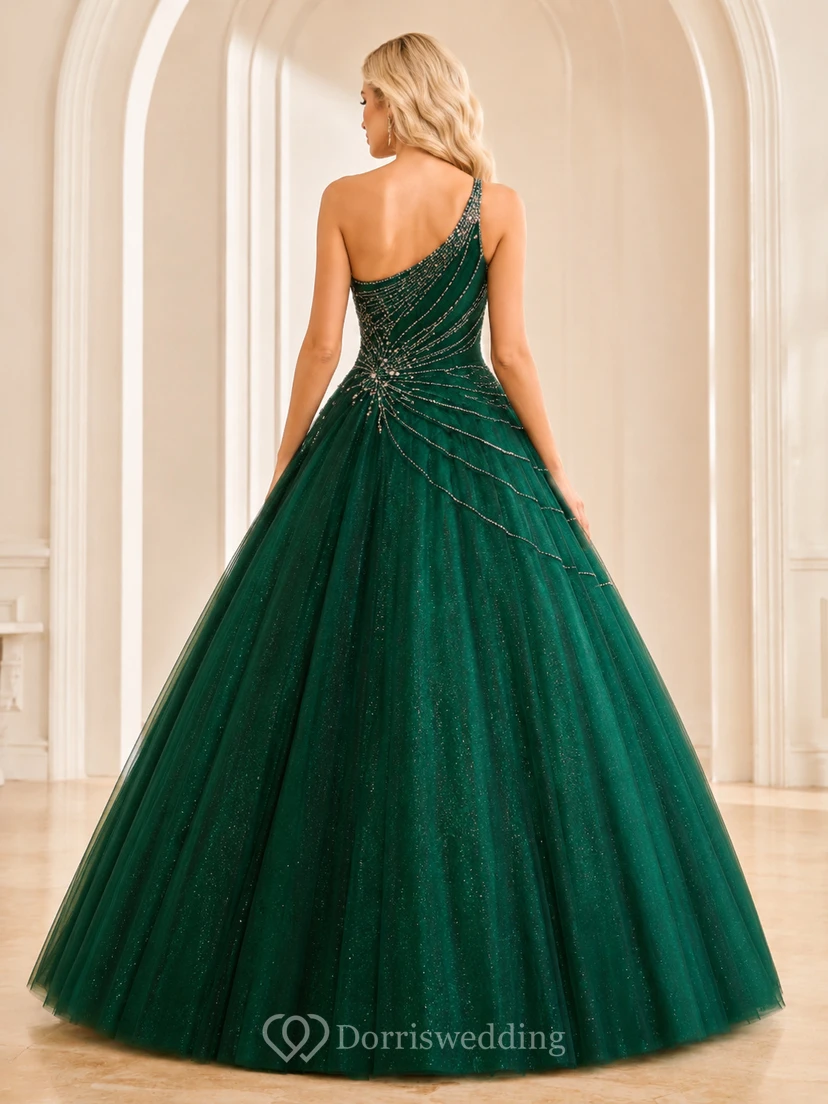 Robe de bal de princesse vert foncé à une épaule, ornée de cristaux et de paillettes, pour les 16 ans. view 2
