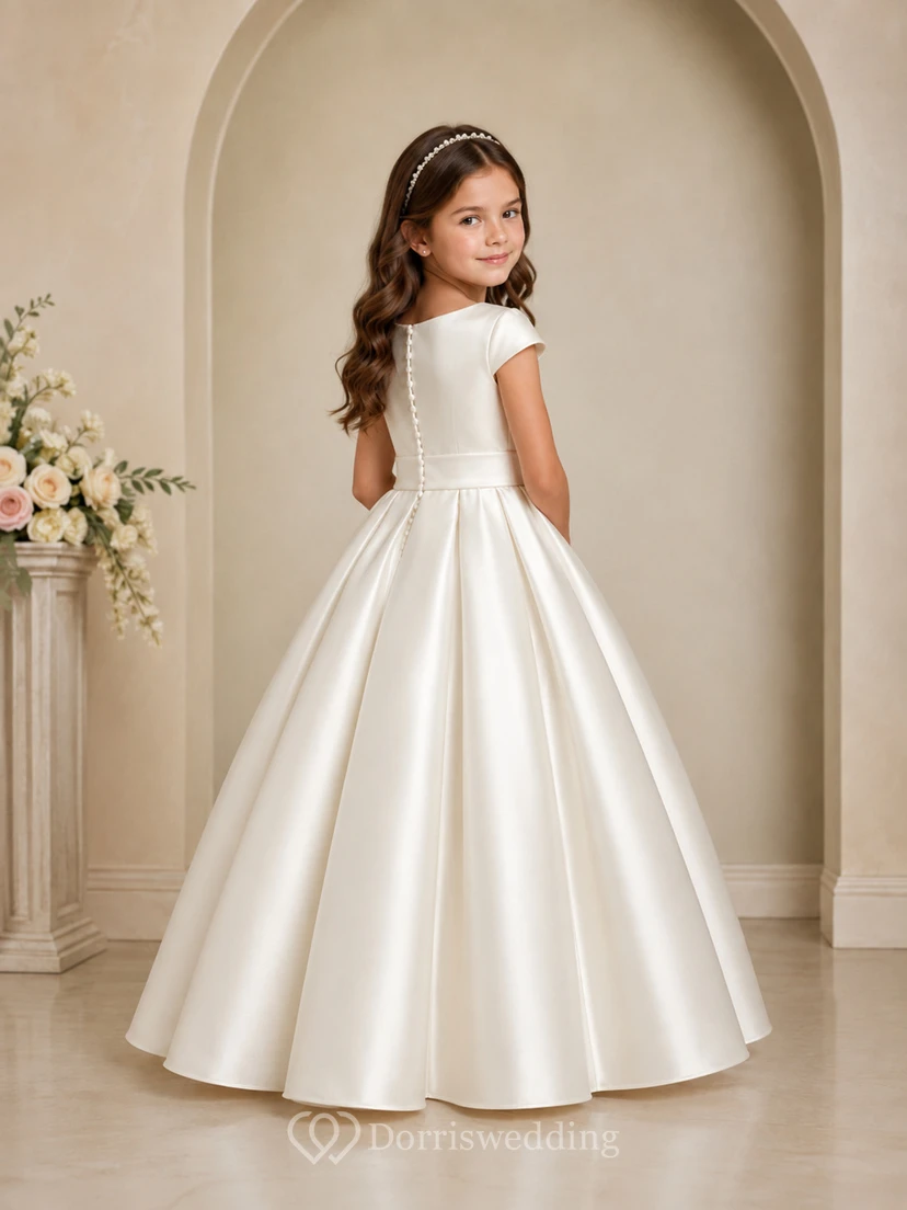 Elegant Princess Satin Ball Gown Flower Girl Floor-Length Cap Sleeve Formal Dress view 2