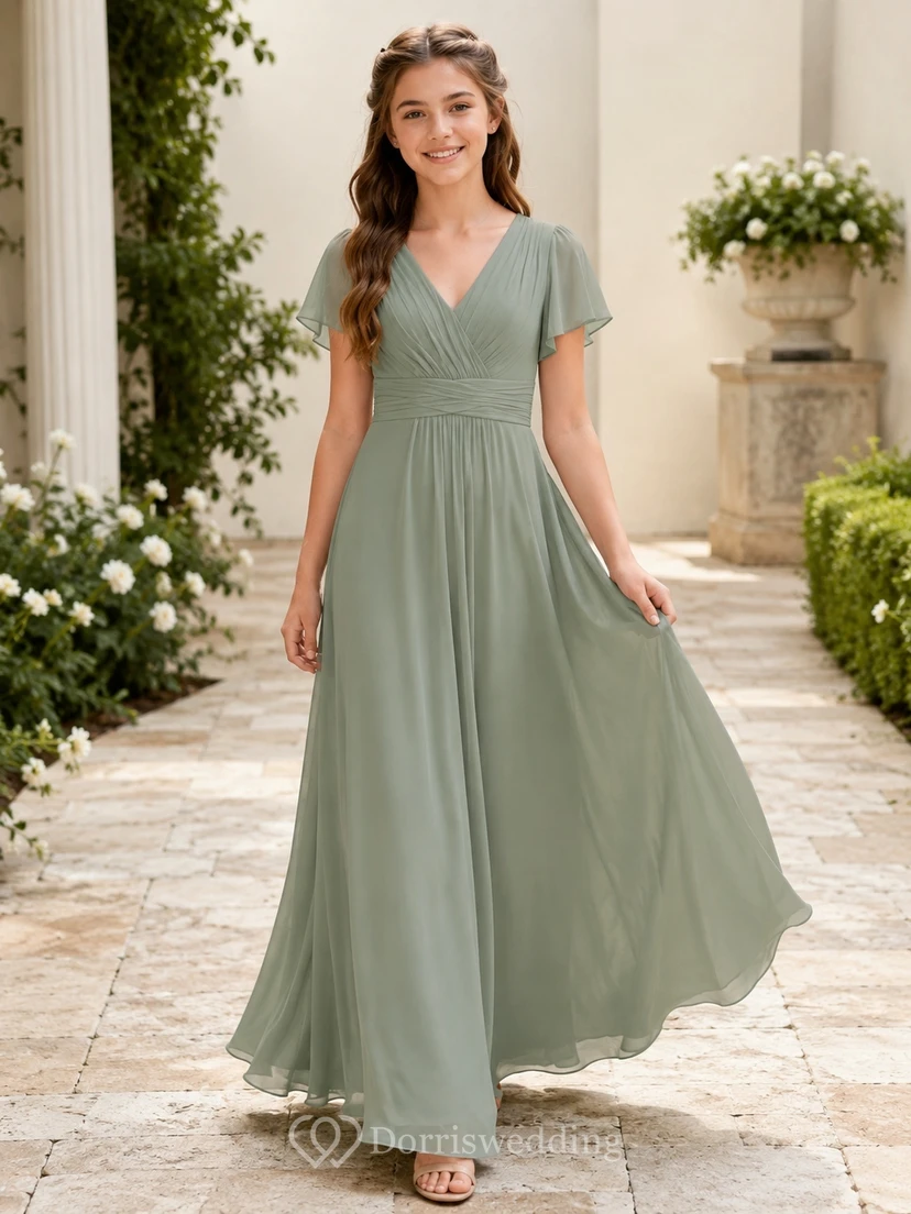 Celadonfarbenes Brautjungfernkleid für junge Mädchen, A-Linie, V-Ausschnitt, kurze Blütenblattärmel, Chiffon, schlicht