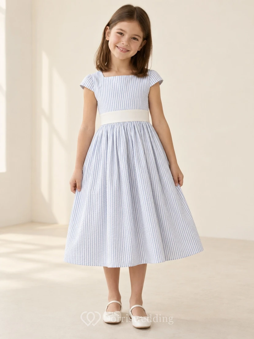 Modest Square Neck Blue White Striped Tea-length Compact Cap Sleeve Full Flower Girl Dress