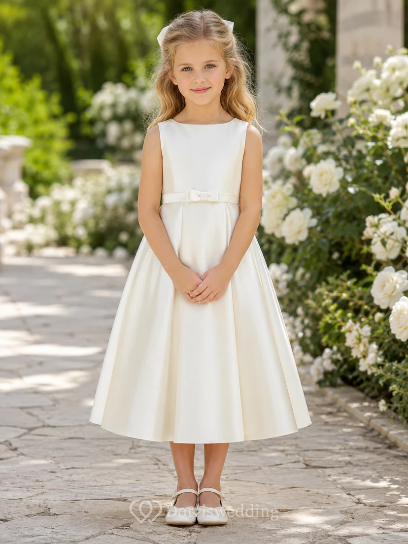 Klassisches, ärmelloses Satin-Kleid in Teelänge, A-Linie und U-Boot-Ausschnitt mit Schleife, perfekt für Blumenmädchen und Gartenhochzeiten