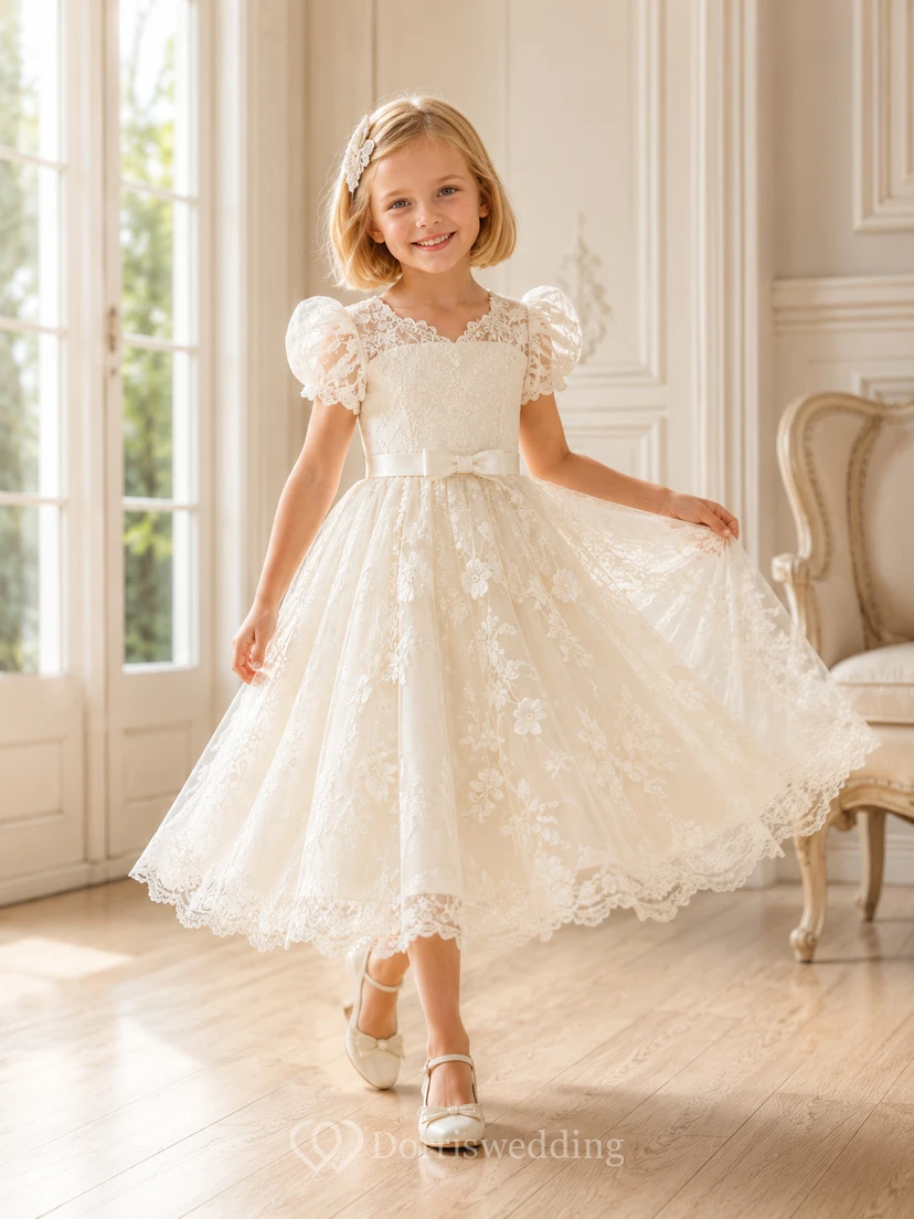 Blumenmädchenkleid aus elfenbeinfarbener Spitze, A-Linie, Puffärmel, Rundhalsausschnitt, Teelänge