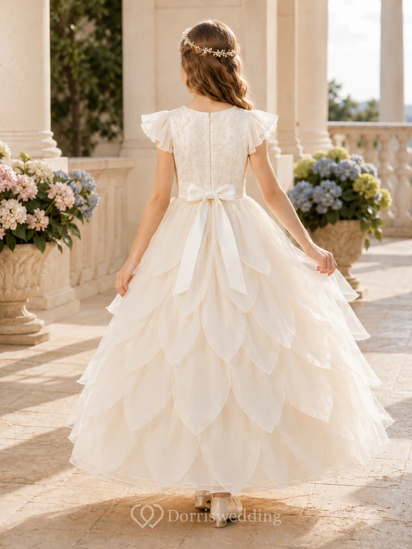 Elfenbeinfarbenes Kommunionskleid für Blumenmädchen mit kurzem, flatterndem Ärmel, knöchellangem Rock und Schmuckkragen aus Organza, Blütenblattmuster und Spitze view 2