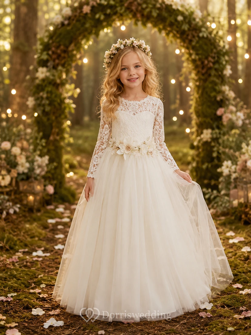 Vestido de niña de las flores, color marfil, encaje, tul, corte en A, manga larga, escote redondo, largo midi.