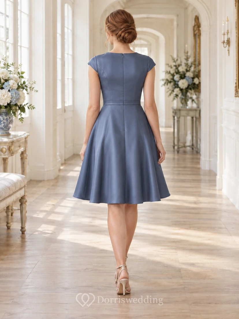 Vestido de dama de honor corto de satén azul acero con mangas cortas y corte en A, de estilo modesto. view 2