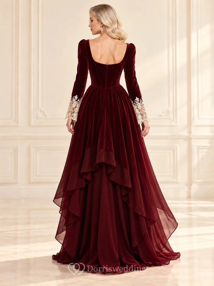 High-low Long Sleeve Burgundy Velvet Sweetheart Ruffled Formal Evening Gown view 2
