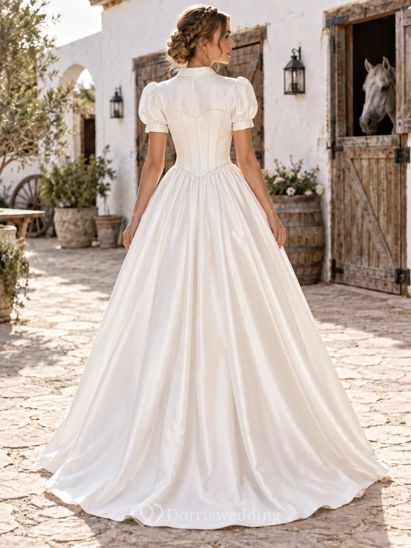 Sencillo vestido de novia de satén de corte A asimétrico, estilo western country, con mangas abullonadas y corpiño abotonado. view 2