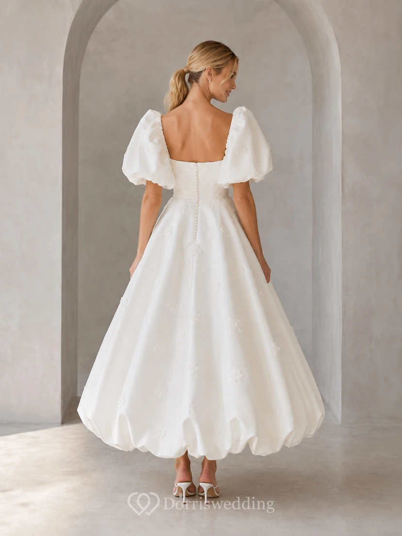 Vestido de novia de organza de corte A con escote cuadrado y mangas abullonadas hasta la rodilla view 2