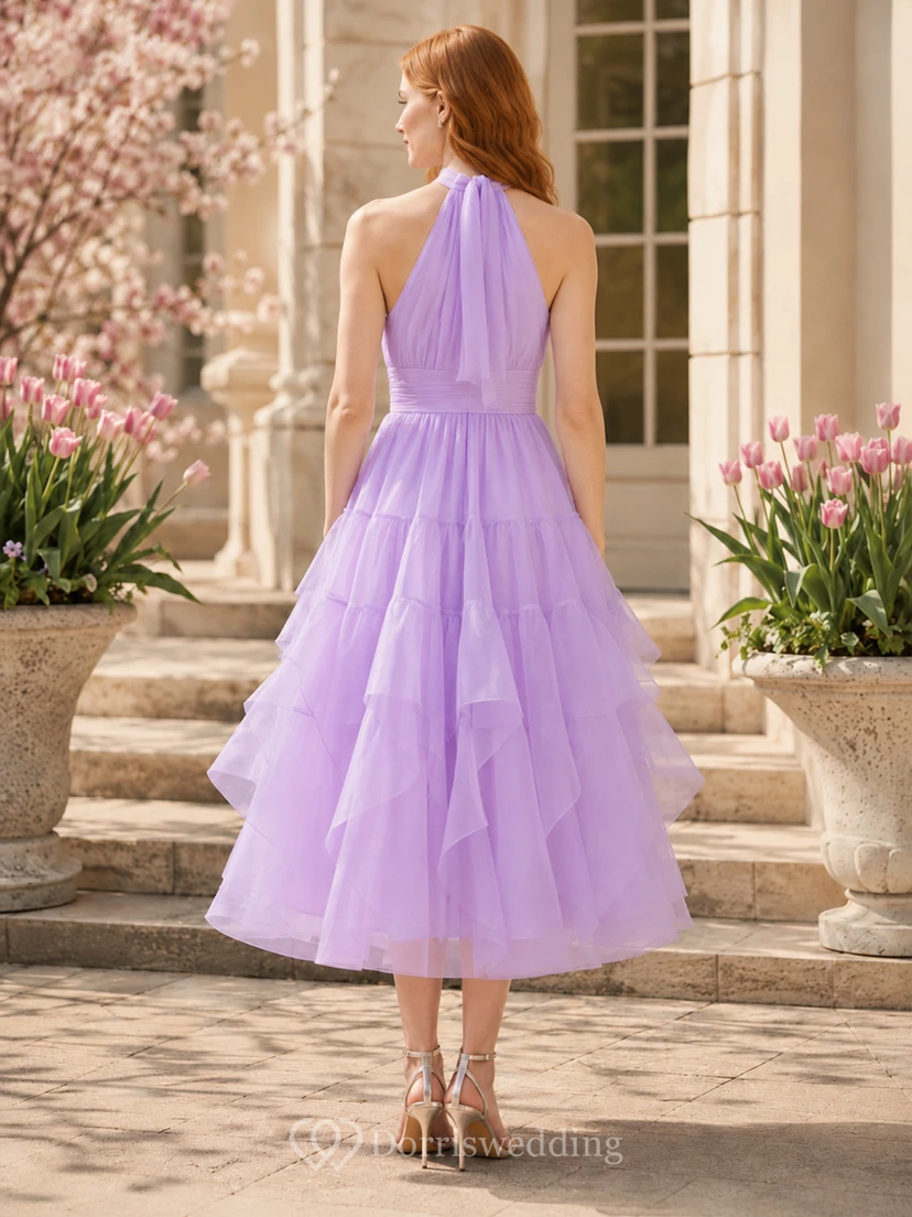 Robe midi printanière en tulle à volants et dos nu lavande view 2