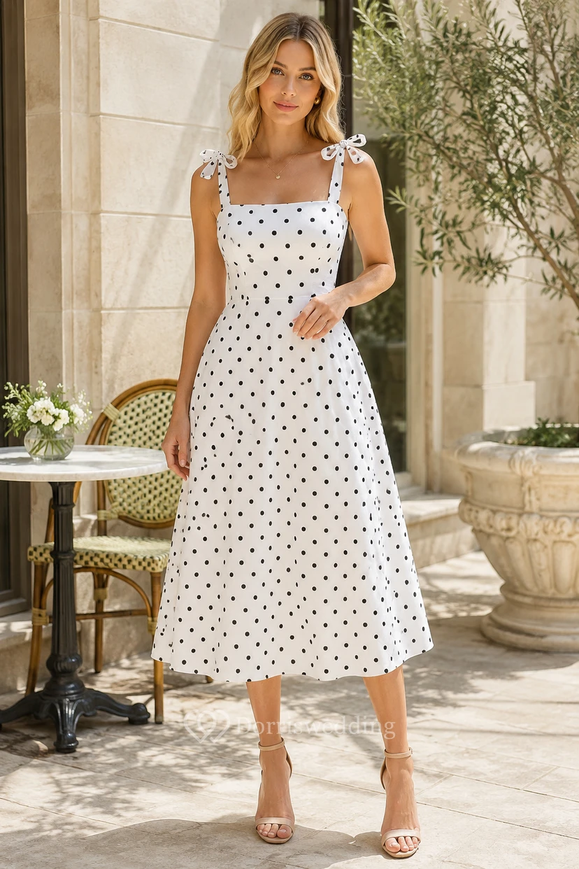 Wedding Guest Dress White Chiffon A-Line Square Neck Sleeveless Bow Detail Tea Length