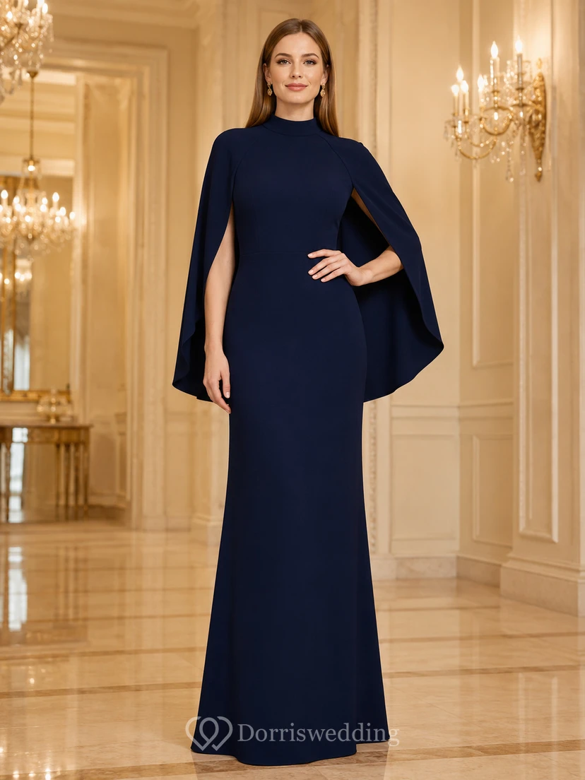 Midnight Wings Dunkelblaues Etuikleid, bodenlang, hochgeschlossen, langärmelig, aus Stretch-Satin, modernes Abendkleid