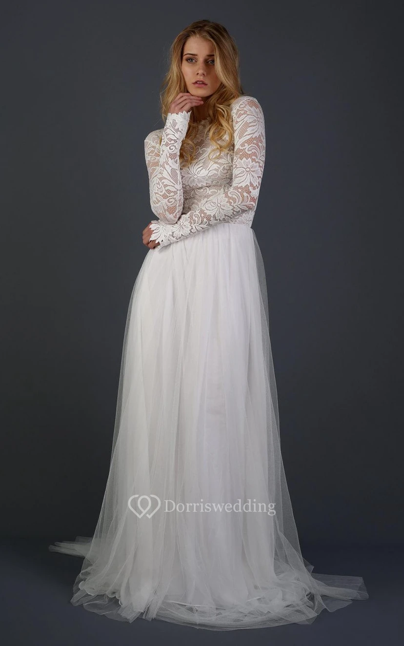 Vestido de novia de gasa, tul y encaje de manga larga view 4