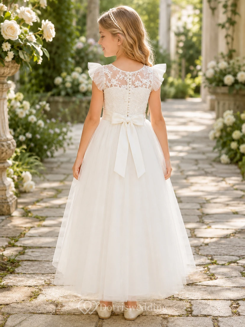 Robe de demoiselle d'honneur en dentelle champagne et tulle, coupe trapèze, manches courtes, col rond, longueur midi, nœud dans le dos view 2