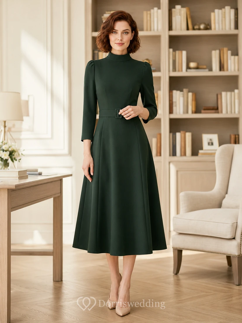 Forest green three quarter sleeve high neck A-line modest work dress