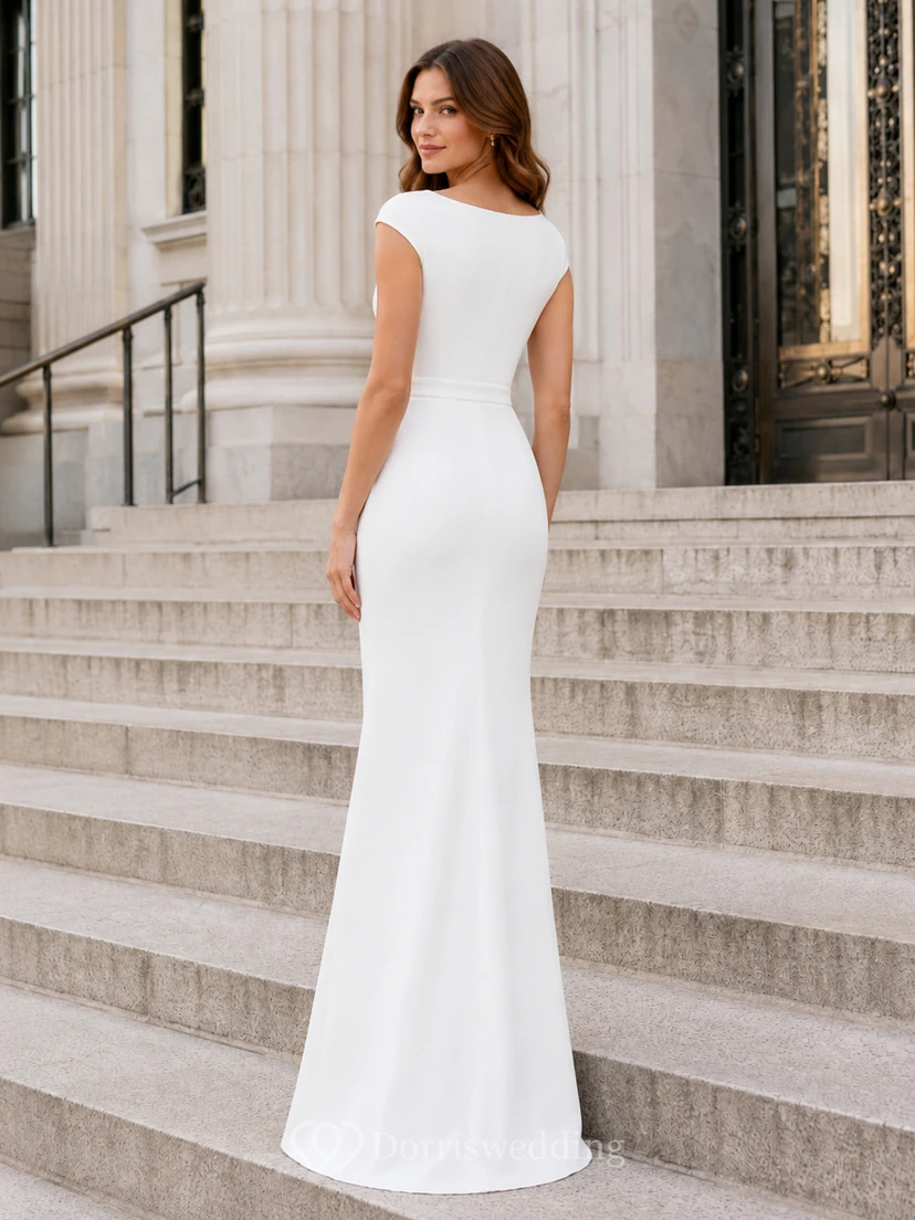 Cap Sleeve Crepe Bateau Minimalist City Hall Bridal Gown view 2