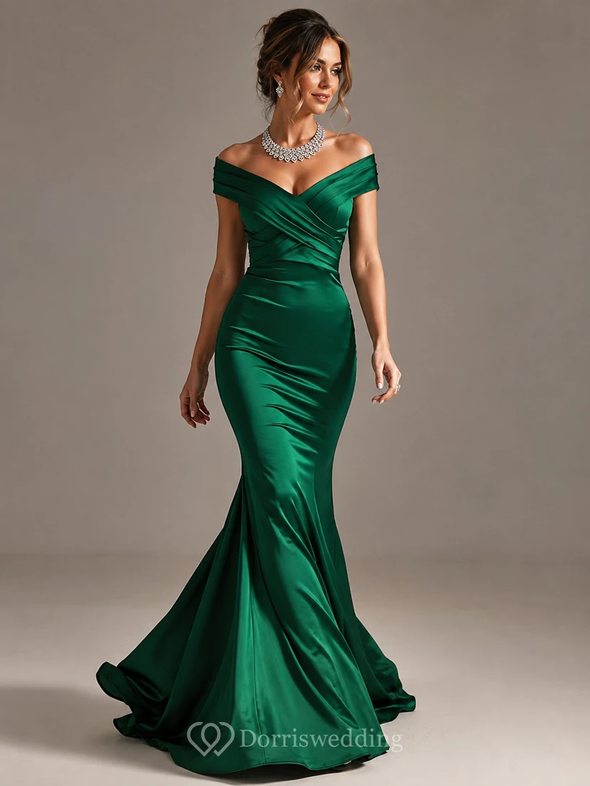 Mermaid Trumpet Satin Off-the-shoulder Short Sleeve Zipper Dress view 3