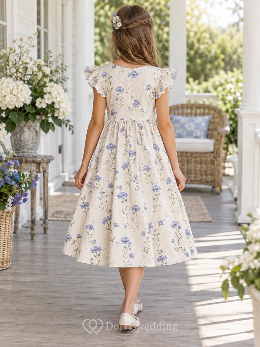 Country Tea-length Cream Floral V-neck Flutter Sleeve Linen Flower Girl Dress view 2