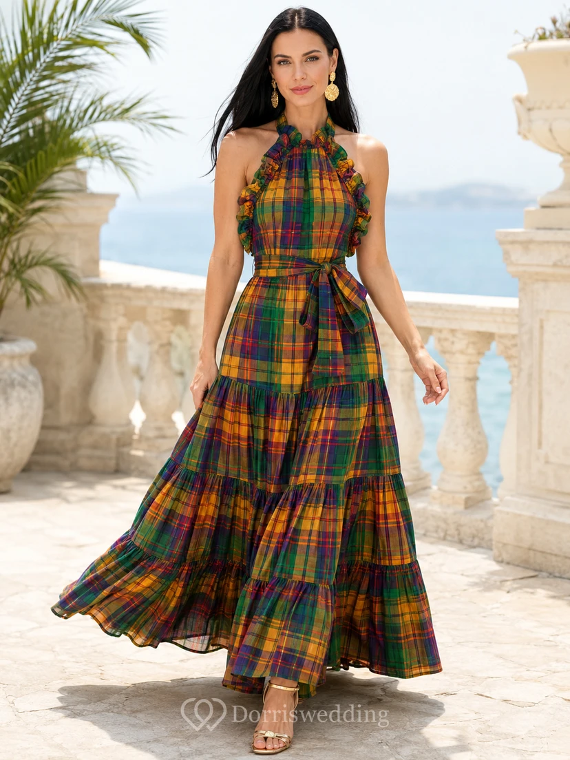 Dunkelgrünes Madras-Sommerkleid in A-Linie, bodenlang, mit Neckholder und Stufenrock