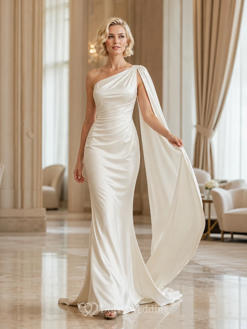 Robe de mariée élégante en satin à une épaule, style fourreau, avec traîne.