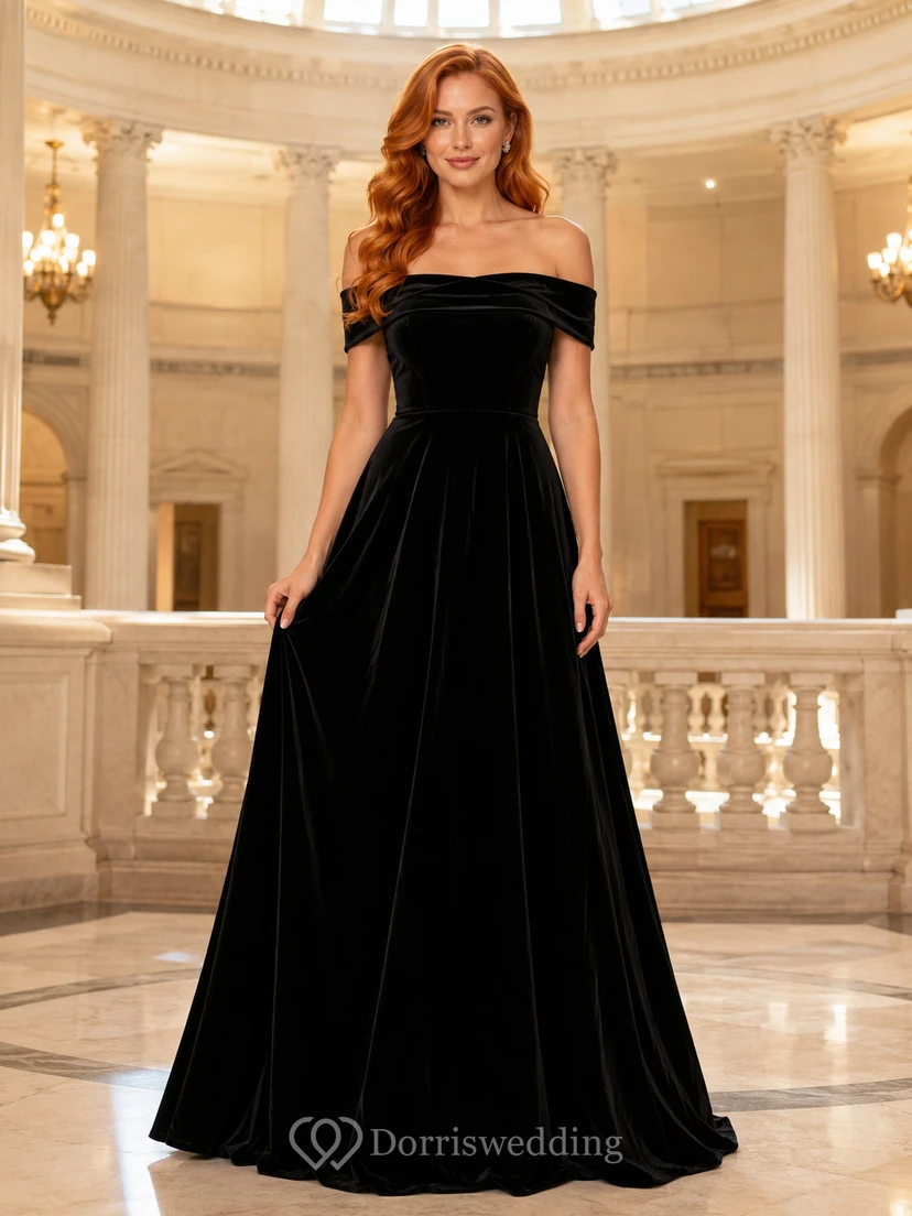 Black velvet off shoulder ball gown formal dress