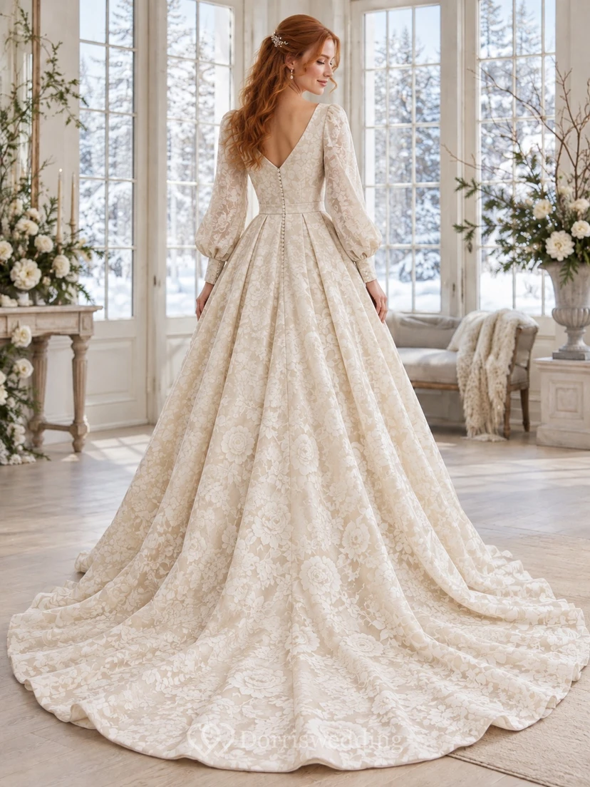 Vestido de novia de baile de brocado floral con escote en V y mangas abullonadas largas view 2