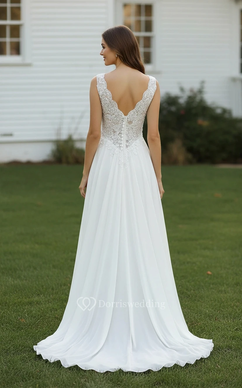 Robe de mariée trapèze sans manches à corsage perlé et jupe fluide en mousseline view 2