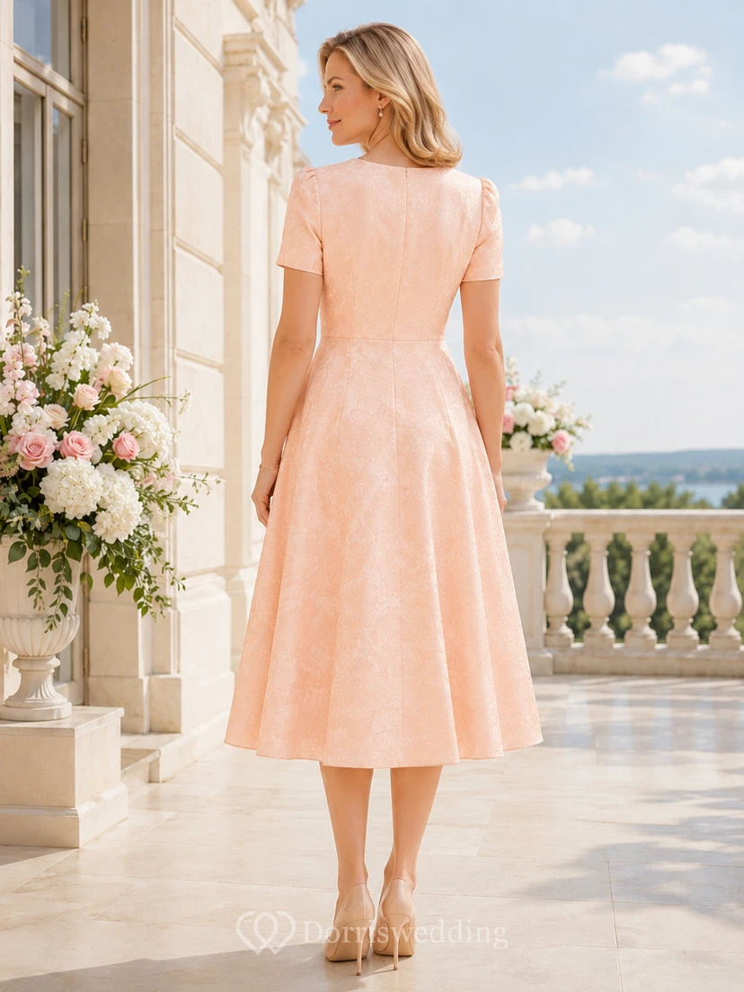 Robe de baptême corail pastel à manches courtes et col en V, en dentelle, coupe trapèze, longueur thé view 2