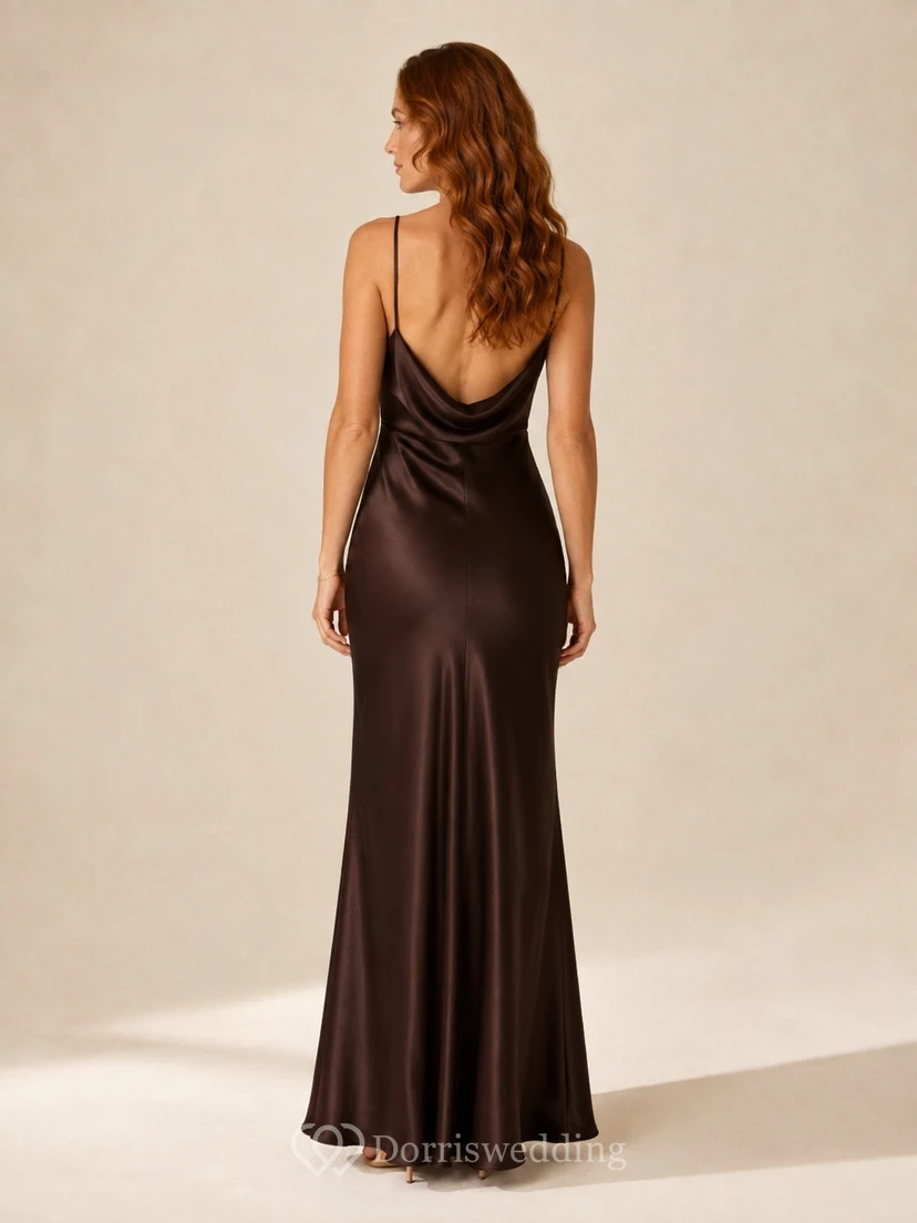 Chocolate Brown Cowl Neck Spaghetti Strap Satin Sheath Floor-length Evening Dress view 2