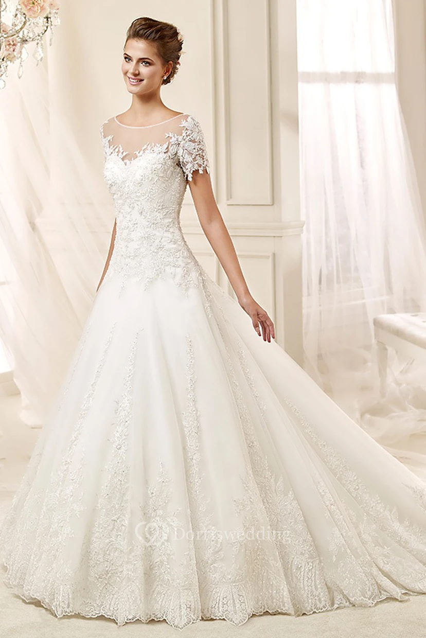 Jewel-neck A-line Wedding Dress with illusive Design and Brush Train